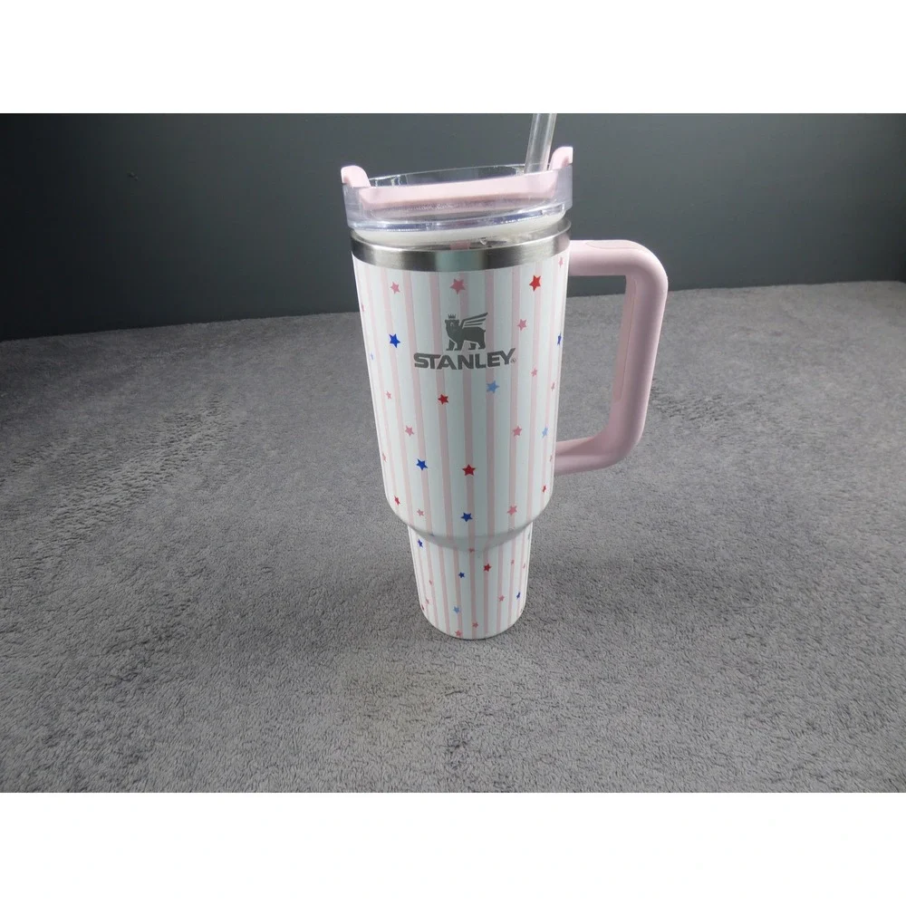 Stanley 40 oz Quencher H2.0 FlowState Tumbler Pink White Stars Patriotic Stripe